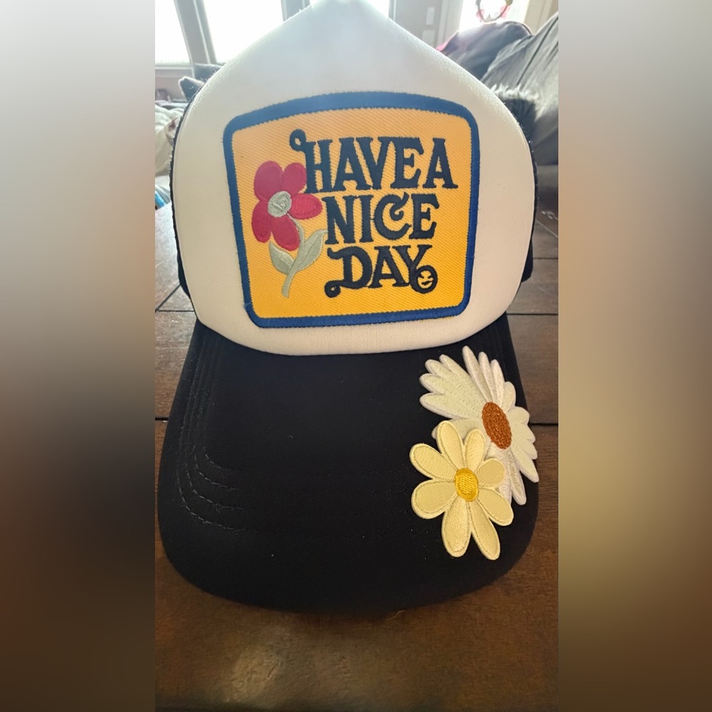 Have A Nice Day Trucker Hat with Floral Design On Bill